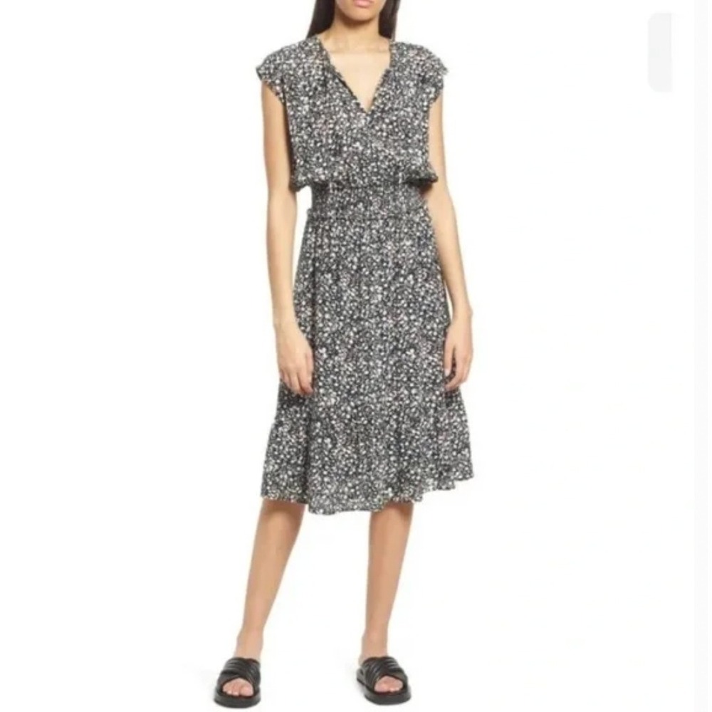 Rails Ashlyn Smocked Waist Ditzy Floral Midi Dress‎ Black White Size S